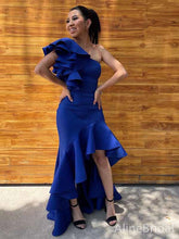 Elegant Royal Blue One Shoulder High-Low Ruffle Long Prom Dress, Evening Dress, PD381793