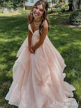 Gorgeous Peach Pink V-neckA-line Long Tiered Tulle Ball Gown with Lace Up Back-Spaghetti Strap, PD381863
