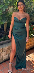 Sexy Emerald Green V-neck Strapless Pleated Mermaid Long Prom Dress with Side Split,PD381883