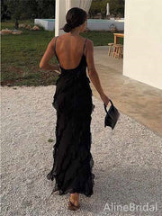 Sexy Black V-neck Backless Ruffle Tiered Chiffon Prom Dress, PD381896