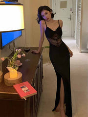 Sexy Black V-neck Sheer Corset Long Mermaid Lace Evening Dress with Slit, Evening Dress, PD381947