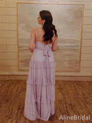 Elegant Purple V-neck Spaghetti Strap A-line Long Layered Tulle Prom Dress,PD381990