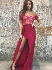 Gorgeous Red V-neck Off-Shoulder Lace Mermaid Long Prom Dress with Side Slit, PD382057