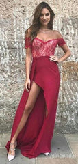 Gorgeous Red V-neck Off-Shoulder Lace Mermaid Long Prom Dress with Side Slit, PD382057