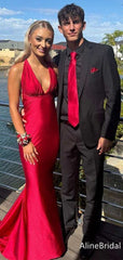Sexy Red Deep V-neck Halter Long Mermaid Prom Dress, Evening Dress, PD382107