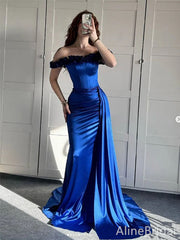 Elegant Navy-Blue Off-Shoulder Lace-up Mermaid Prom Dress with Trailing, Evening Dress, PD3822133