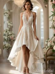 Elegant Ivory V-neck A-line High-Low Lace Wedding Reception Dress, HD3162