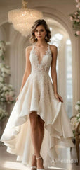 Elegant Ivory V-neck A-line High-Low Lace Wedding Reception Dress, HD3162