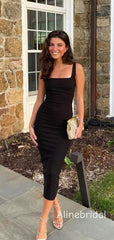 Simple Square Black Column Midi Dress, PD382235