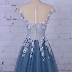 Popular Handmade Flowers V-neck Blue A-line Prom Gown Dresses,PD00046