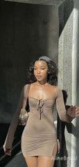 Simple Brown Long Sleeves A-line Short Mini Homecoming Dress, HD3193