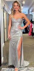 Sparkly Silver Sequins Strapless Prom Dress with Side Slit& Train, Evening Dress, PD37735