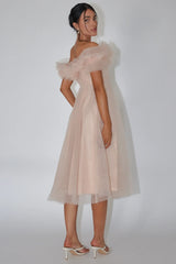 May Rose Off-Shoulder Tulle Midi Dress Taupe