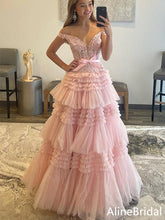 Elegant Pink Off Shoulder A-line Long Tulle Prom Dress with Bow Detailing, Evening Dress,PD37763