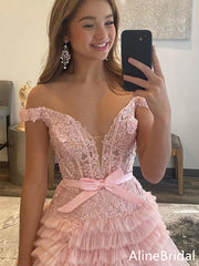 Elegant Pink Off Shoulder A-line Long Tulle Prom Dress with Bow Detailing, Evening Dress,PD37763