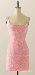 Sparkly Pink Sequins Spaghetti Strap Short Tight Homecoming Dress, HD32679