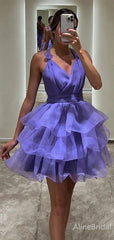 Elegant Purple V-neck Halter A-line Short Layered Tulle Homecoming Dress, HD32682