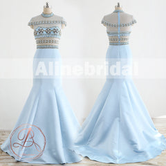 Stunning Pale Blue Beaded See Through Top Cap Sleeve Mermaid Prom Dresses,PD00066