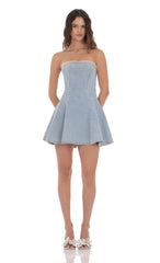 Lace Trim Corset Denim Dress in Light Blue