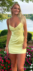 Sexy V-neck Yellow Pleated Tight Short Homecoming Dress, HD32783