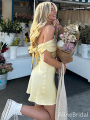 Simple Yellow Off the Shoulder Short Homecoming Dress with Bow Detailing, HD32792
