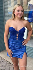 Sexy Royal Blue Strapless Lace Short Tight Homecoming Dress with Slit, HD327980