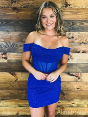 Sparkly Royal Blue Off the Shoulder Tight Short Homecoming Dress, HD327982