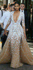 Gorgeous Nude Tulle Applique Long Sleeve Formal Prom Dresses,PD00143