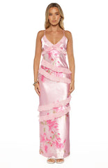 Inara Pink Floral Print Ruffle Prom Dress