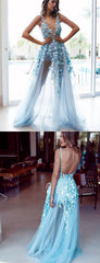 Pale Blue Tulle Lace Applique Illustion A-line Prom Dresses.PD00225