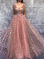 Sparkly Peach Pink Star Sequins A-line Tulle Prom Dress, PD00287