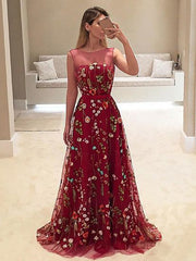 Popular Dark Red Floral Embroidery Sleeveless A-line Long Prom Dresses ,PD00087