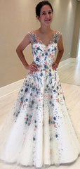 Elegant Floral Beaded Ivory A-line Prom Dress, Evening Dress, PD00216
