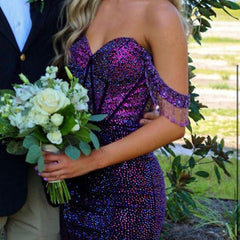 Sparkly Purple Beading Off the Shoulder Tight Short Homeocming Dress with Tassels, HC382287