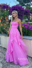 Elegant Strapless Ruffle Hot Pink Maxi Long A-line Tulle Prom Dress,Formal Dress, PD382270