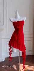 Sexy Spaghetti Straps Rufflles Asymmetrical Streamers A-line Red Chiffon Mini Homecoming Dress, PD382259