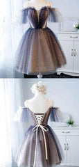 Sparkly Spaghetti Strap Off-shoulder Tulle A-line Ribbons Back Short Homecoming Dress, HD3067
