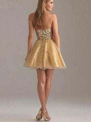 Sparkly Sweetheart Strapless Gold A-line Tulle Short Homecoming Dress, HD3035