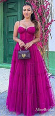 Gorgeous Spaghetti Strap Fuchsia Corset A-line Long Tulle Prom Dress-Tiered Evening Dress, PD381868