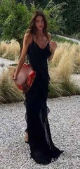 Sexy Black V-neck Backless Ruffle Tiered Chiffon Prom Dress, PD381896