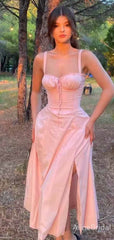 Balletcore Pink Sweetheart Side Slit A-line Long Prom Dress, Evening Dress, PD381900