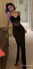 Sexy Black V-neck Sheer Corset  Long Mermaid Lace Evening Dress with Slit, Evening Dress, PD381947