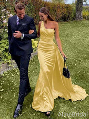 Elegant Yellow One-Shoulder Long Mermaid Prom Dress, Evening Dress, PD382048