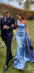 Elegant Blue One Shoulder Long Mermaid Prom Dress with Trailing, Evening Dress, PD382049