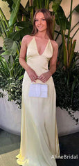 Simple Yellow V-neck Halter Long Mermaid Prom Dress, Evening Dress, PD382109