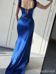 Elegant Navy-Blue Off-Shoulder Lace-up Mermaid Prom Dress with Trailing, Evening Dress,  PD3822133