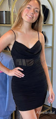 Sexy Black V-neck Spaghetti Strap A-line Short Mini Homecoming Dress, HD3221