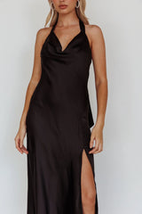 Champagne Showers Halterneck Slip Midi Dress Black