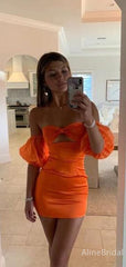 Simple Orange Strapless  Short Homecoming Dress with Puff Sleeves, HD3237