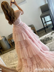 Elegant Pink  Off Shoulder A-line Long Tulle Prom Dress with Bow Detailing, Evening Dress,PD37763